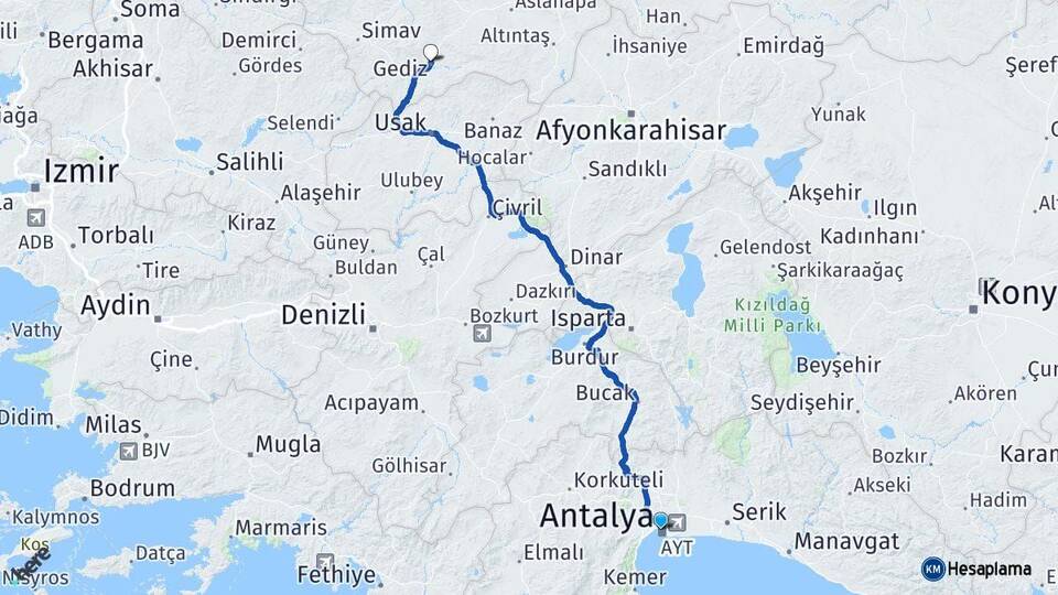 Antalya Gediz Kütahya Arası Kaç Km - Yol Haritası