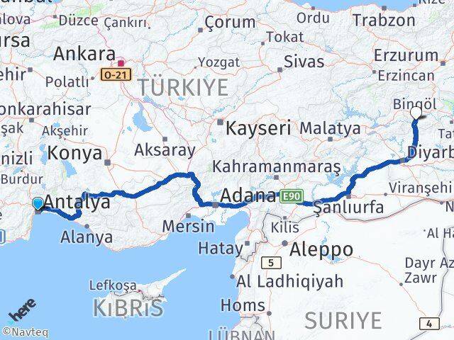 Antalya Genç Bingöl Arası Kaç Km - Yol Haritası