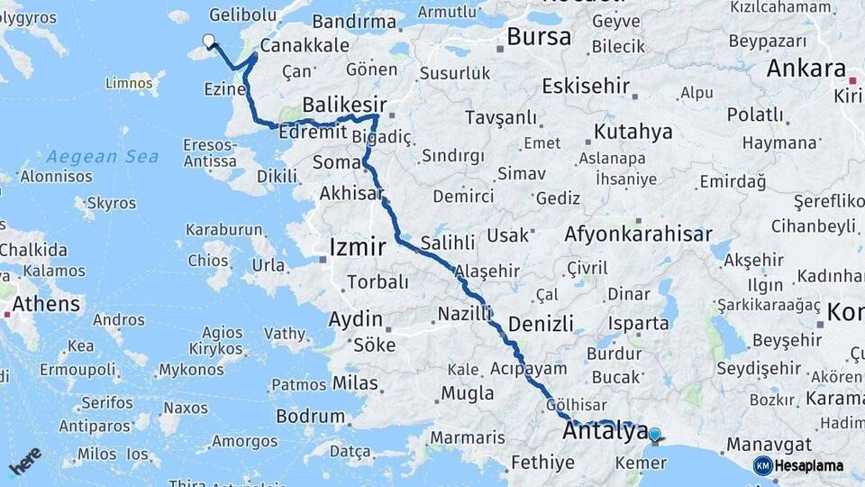 Antalya Gökçeada Çanakkale Arası Kaç Km - Yol Haritası