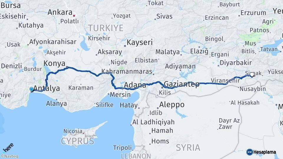 Antalya Güçlükonak Şırnak Arası Kaç Km - Yol Haritası