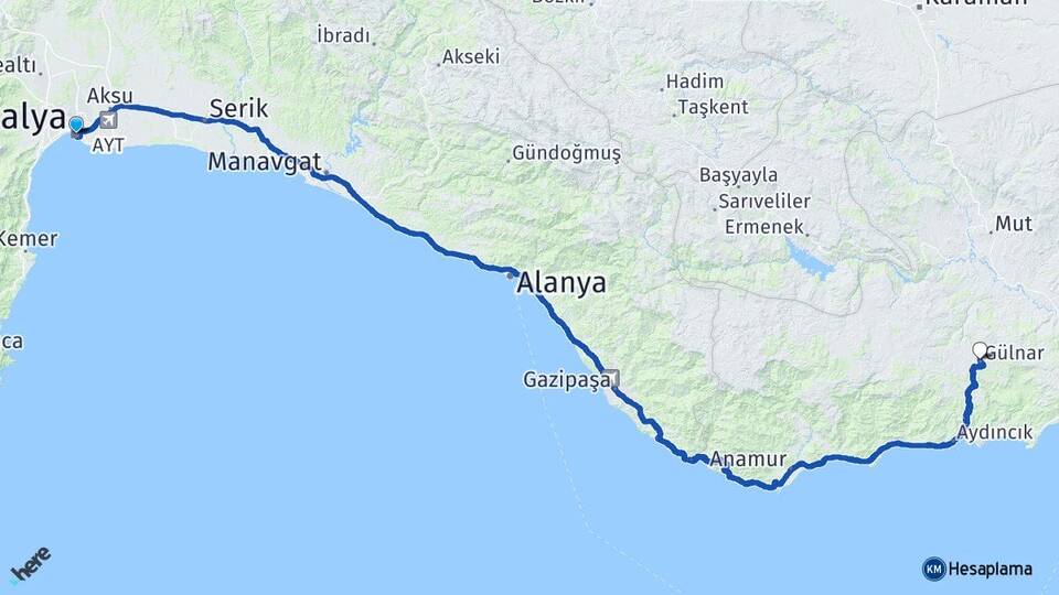 Antalya Gülnar Mersin Arası Kaç Km - Yol Haritası