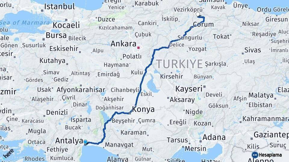 Antalya Gümüşhacıköy Amasya Arası Kaç Km - Yol Haritası