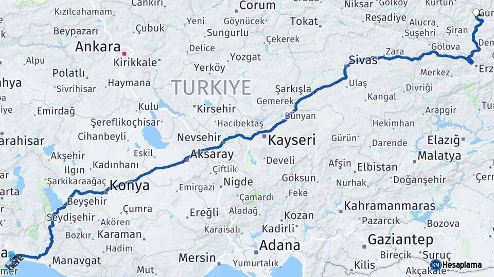 Antalya Gümüşhane Arası Kaç Km - Yol Haritası