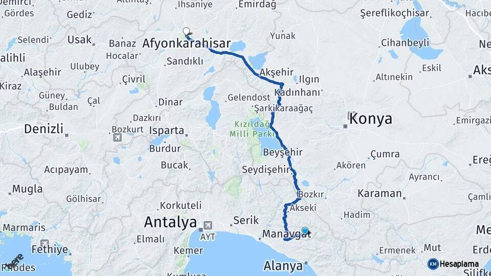 Antalya Gündoğmuş Afyonkarahisar Arası Kaç Km - Yol Haritası