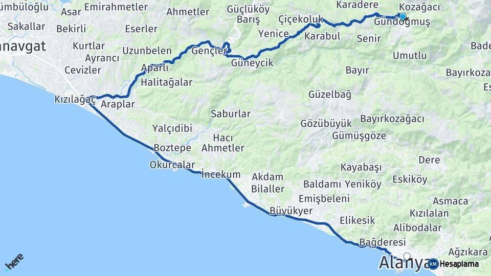 Antalya Gündoğmuş Alanya Arası Kaç Km - Yol Haritası