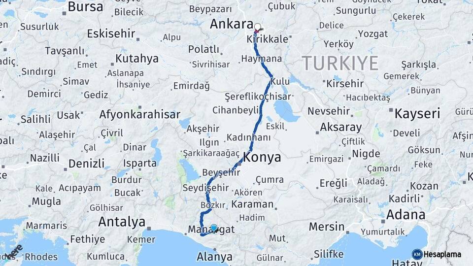 Antalya Gündoğmuş Ankara Arası Kaç Km - Yol Haritası