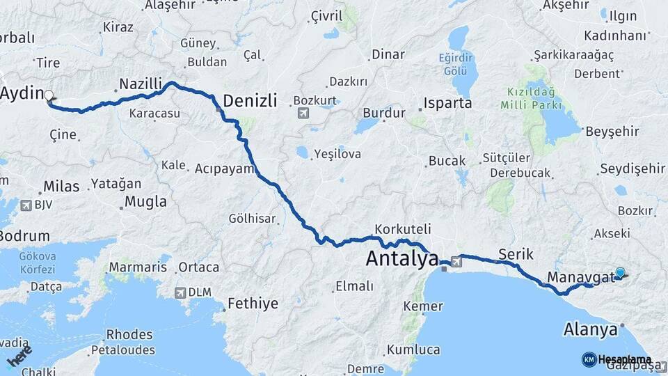 Antalya Gündoğmuş Aydın Arası Kaç Km - Yol Haritası