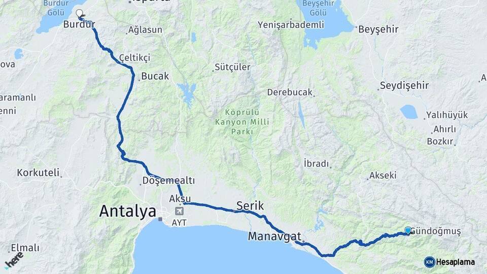 Antalya Gündoğmuş Burdur Arası Kaç Km - Yol Haritası