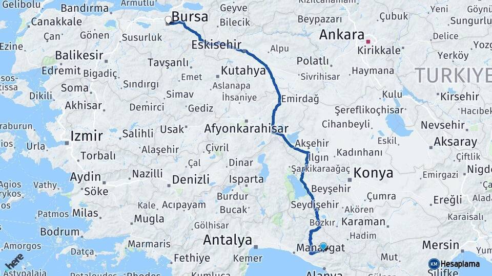 Antalya Gündoğmuş Bursa Arası Kaç Km - Yol Haritası