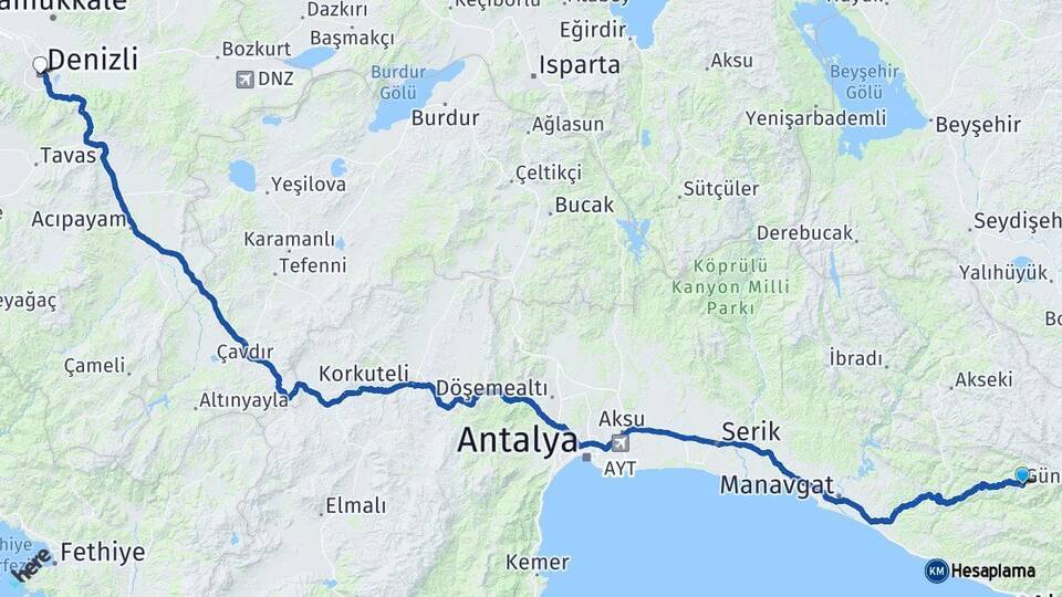 Antalya Gündoğmuş Denizli Arası Kaç Km - Yol Haritası