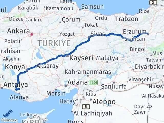 Antalya Gündoğmuş Erzurum Arası Kaç Km - Yol Haritası