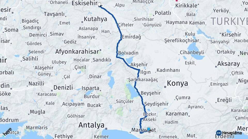 Antalya Gündoğmuş Eskişehir Arası Kaç Km - Yol Haritası