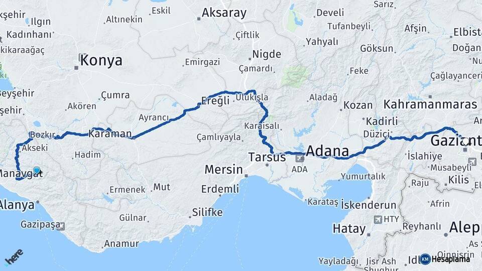 Antalya Gündoğmuş Gaziantep Arası Kaç Km - Yol Haritası