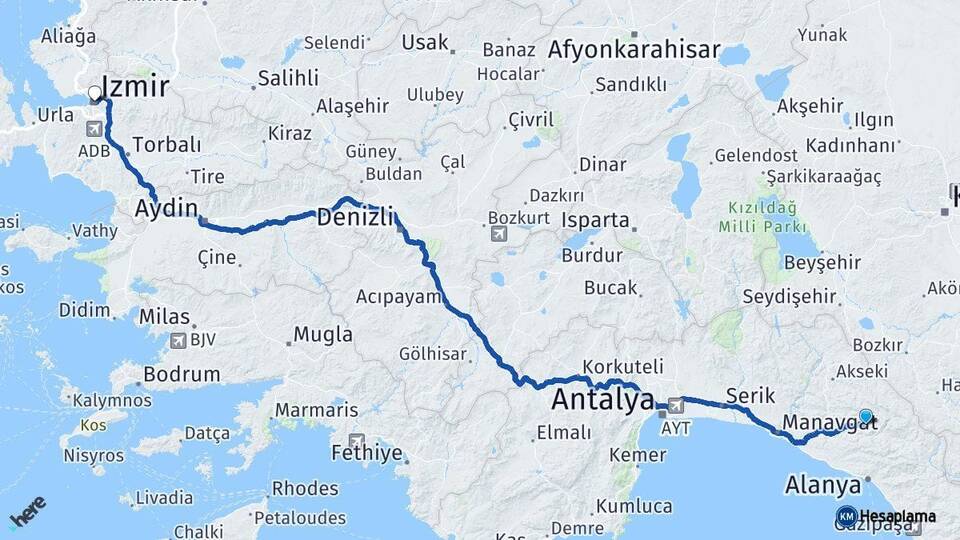 Antalya Gündoğmuş İzmir Arası Kaç Km - Yol Haritası