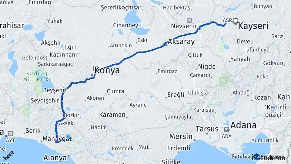 Antalya Gündoğmuş Kayseri Arası Kaç Km - Yol Haritası