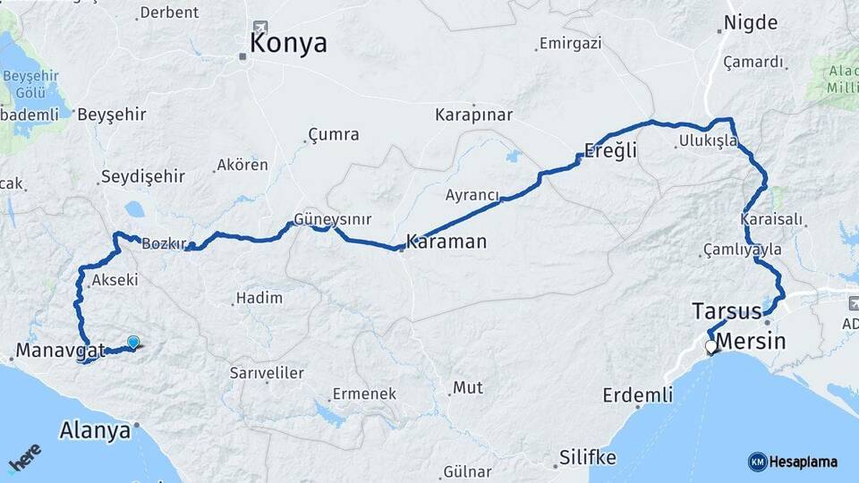 Antalya Gündoğmuş Mersin Arası Kaç Km - Yol Haritası