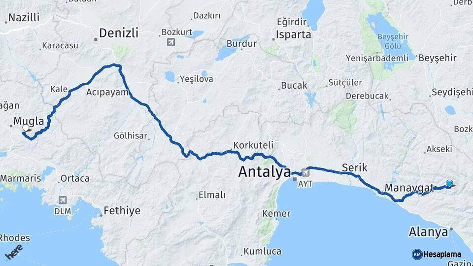 Antalya Gündoğmuş Muğla Arası Kaç Km - Yol Haritası