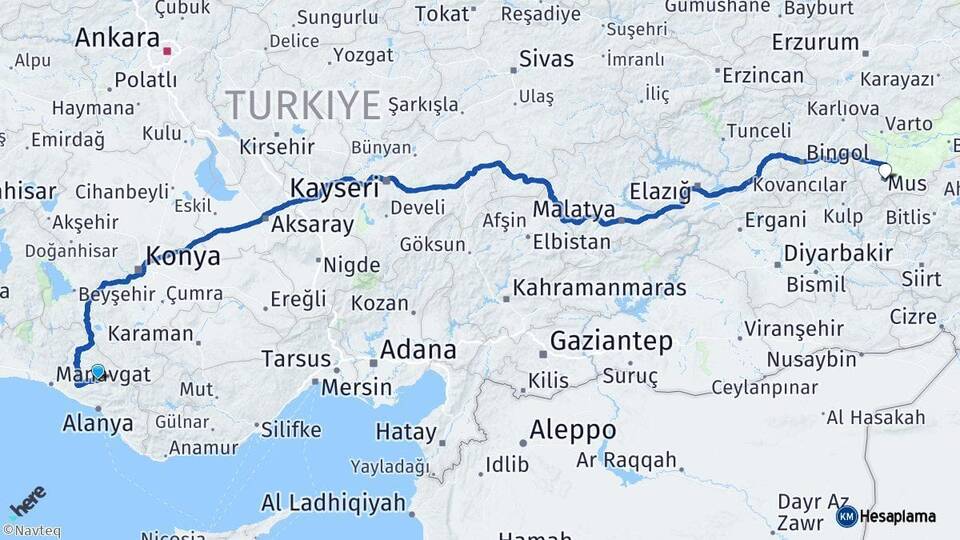 Antalya Gündoğmuş Muş Arası Kaç Km - Yol Haritası