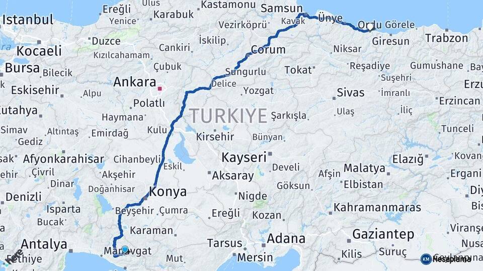 Antalya Gündoğmuş Ordu Arası Kaç Km - Yol Haritası