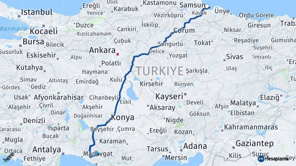 Antalya Gündoğmuş Samsun Arası Kaç Km - Yol Haritası