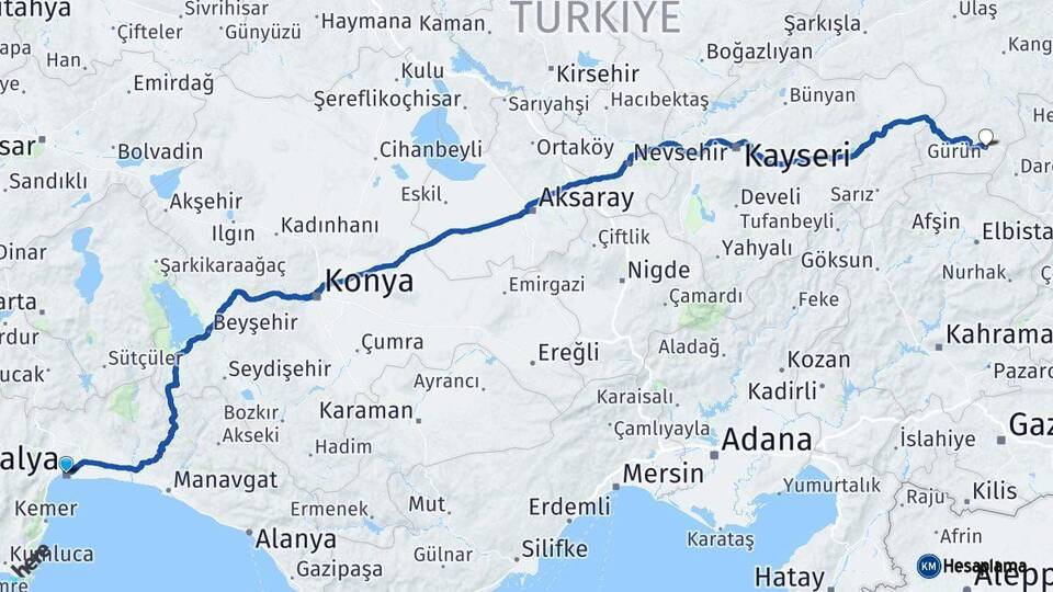 Antalya Gürün Sivas Arası Kaç Km - Yol Haritası