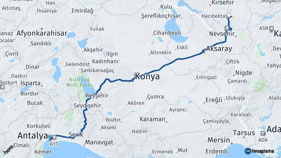 Antalya Hacıbektaş Nevşehir Arası Kaç Km - Yol Haritası