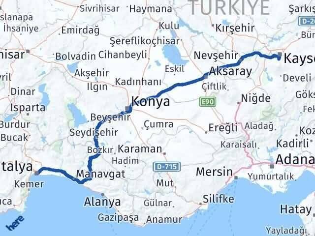 Antalya Hacılar Kayseri Arası Kaç Km - Yol Haritası