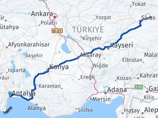 Antalya Hafik Sivas Arası Kaç Km - Yol Haritası