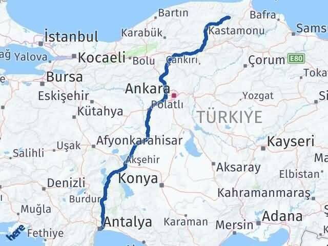 Antalya Hanönü Kastamonu Arası Kaç Km - Yol Haritası