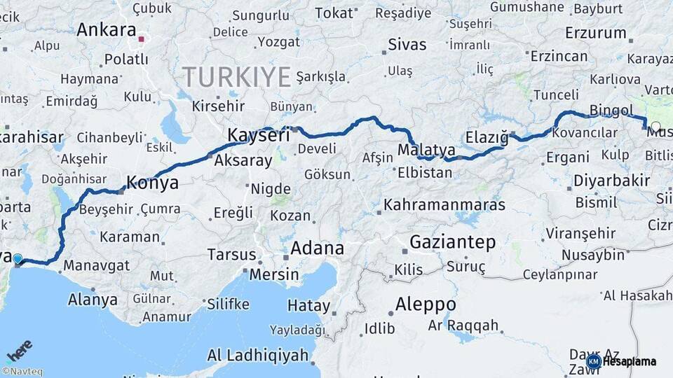Antalya Hasköy Muş Arası Kaç Km - Yol Haritası