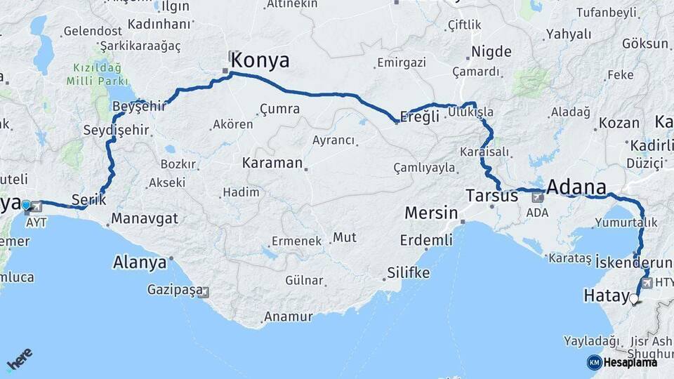 Antalya Hatay Arası Kaç Km - Yol Haritası