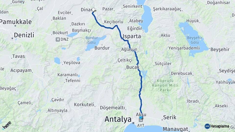 Antalya Havalimanı Dinar Afyonkarahisar Arası Kaç Km - Yol Haritası