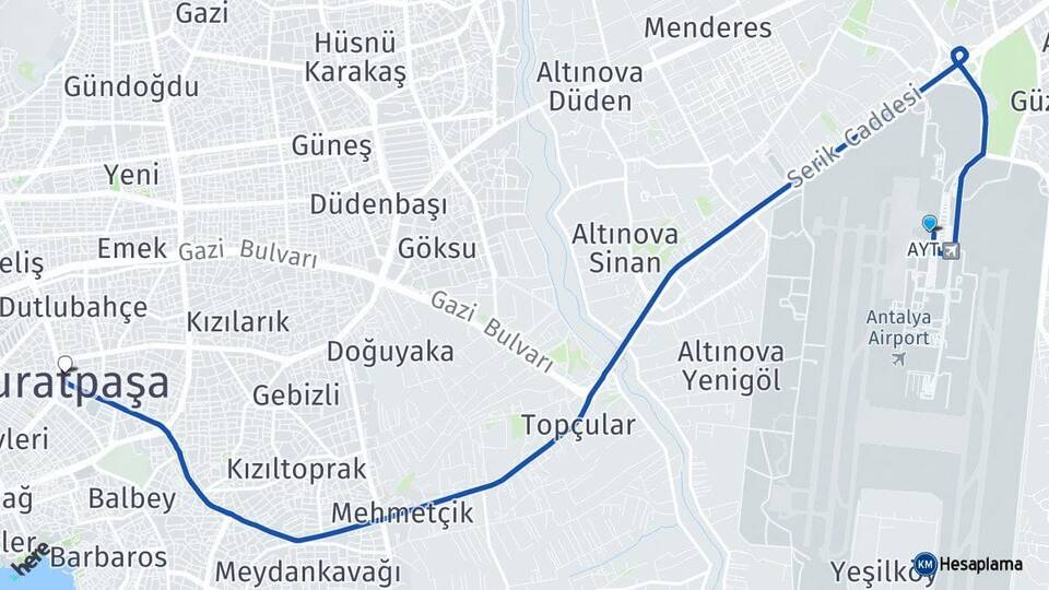 Antalya Havalimanı Muratpaşa Antalya Arası Kaç Km - Yol Haritası