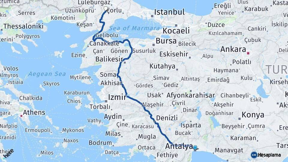 Antalya Hayrabolu Tekirdağ Arası Kaç Km - Yol Haritası