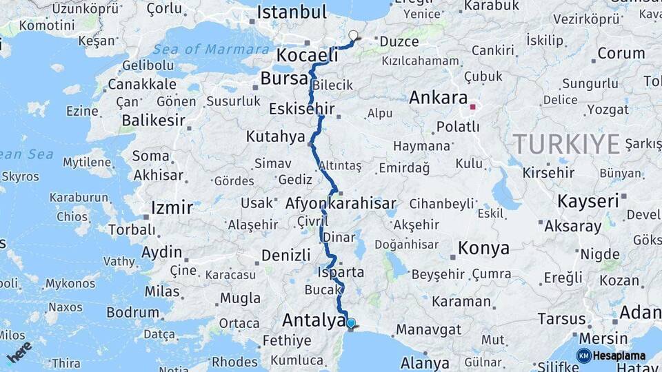 Antalya Hendek Sakarya Arası Kaç Km - Yol Haritası