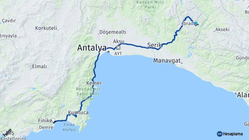 Antalya İbradı Finike Arası Kaç Km - Yol Haritası