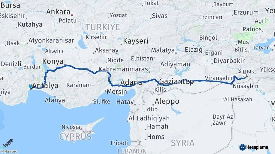 Antalya İdil Şırnak Arası Kaç Km - Yol Haritası