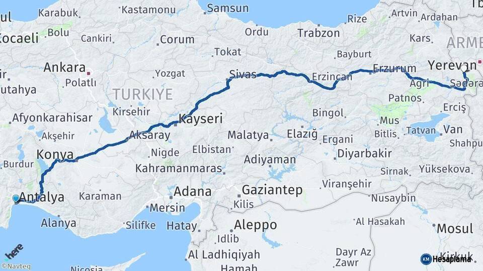 Antalya Iğdır Arası Kaç Km - Yol Haritası