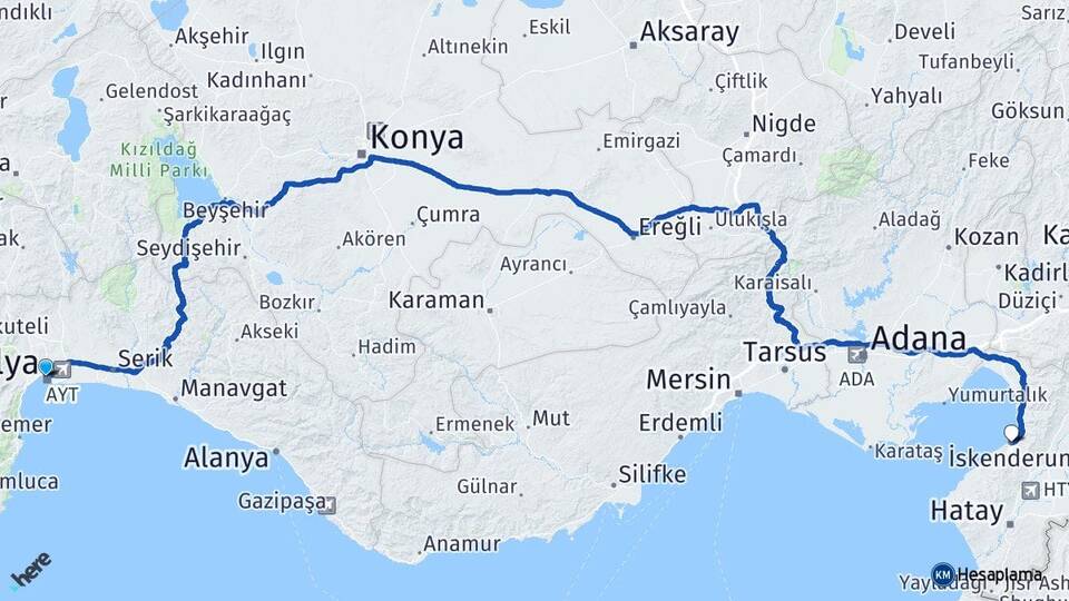 Antalya İskenderun Hatay Arası Kaç Km - Yol Haritası
