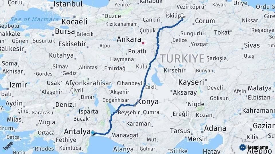 Antalya İskilip Çorum Arası Kaç Km - Yol Haritası