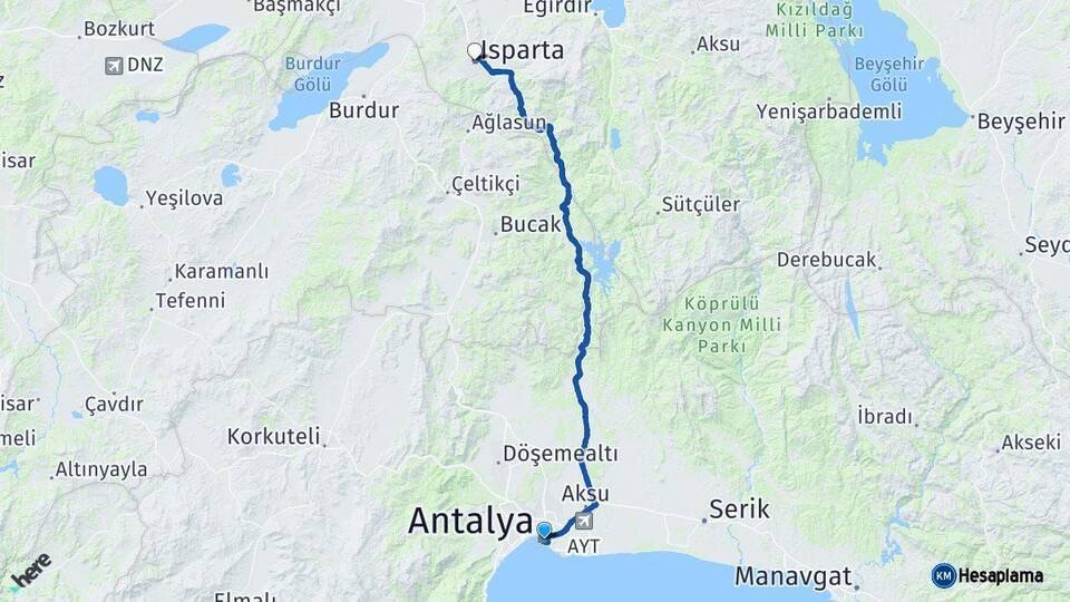 Antalya Isparta Arası Kaç Km - Yol Haritası