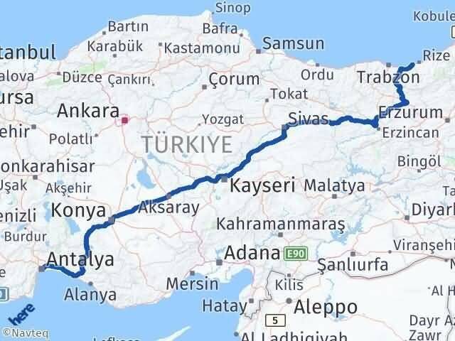 Antalya İyidere Rize Arası Kaç Km - Yol Haritası