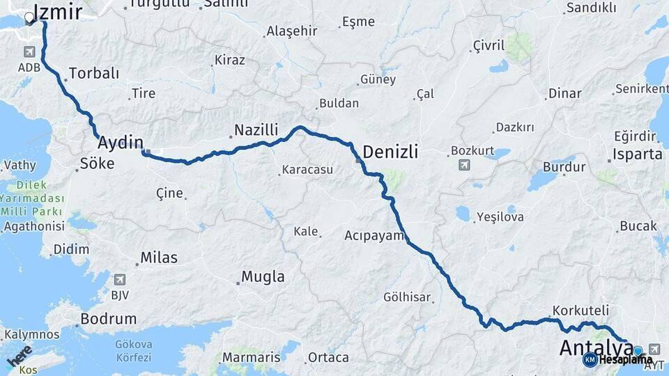 Antalya İzmir Arası Kaç Km - Yol Haritası