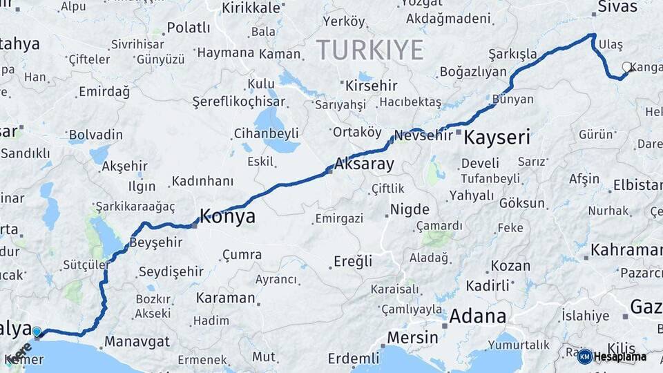 Antalya Kangal Sivas Arası Kaç Km - Yol Haritası