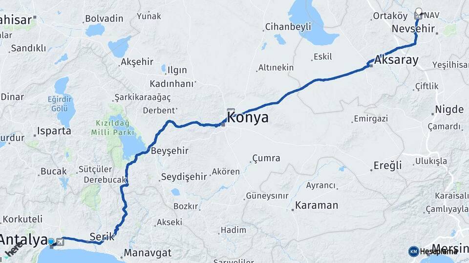 Antalya Kapadokya Havalimanı Arası Kaç Km - Yol Haritası