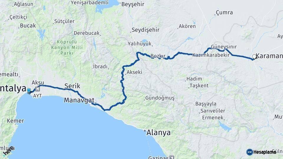 Antalya Karaman Arası Kaç Km - Yol Haritası