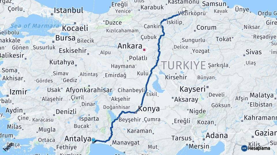 Antalya Kargı Çorum Arası Kaç Km - Yol Haritası