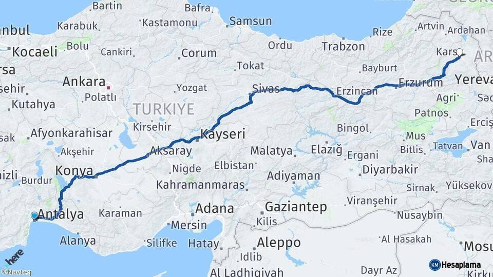 Antalya Kars Arası Kaç Km - Yol Haritası