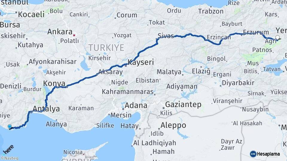 Antalya Kaş Ağrı Arası Kaç Km - Yol Haritası