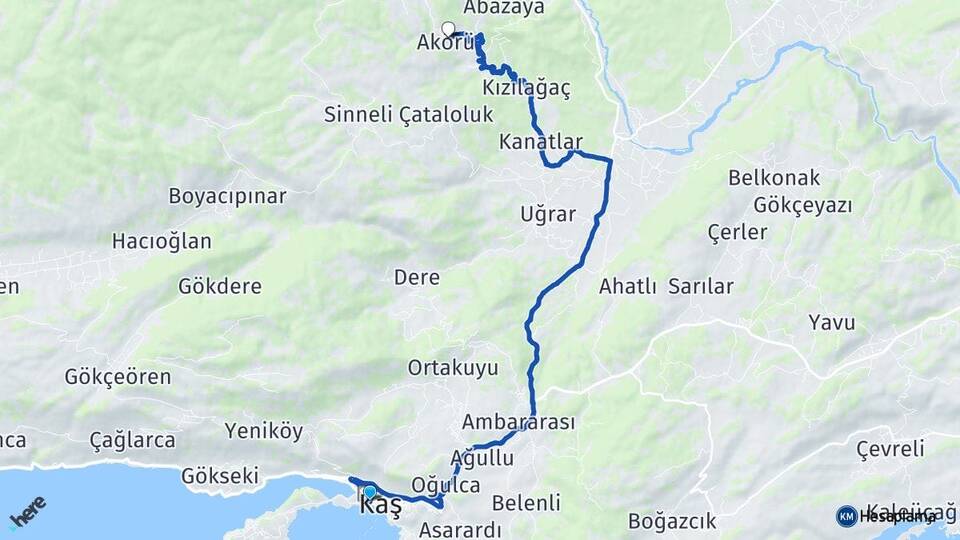 Antalya Kaş Akörü Kaş Arası Kaç Km - Yol Haritası